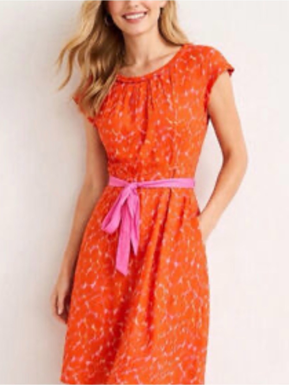 Boden Orange Midi Dress with Pink Tie Waist